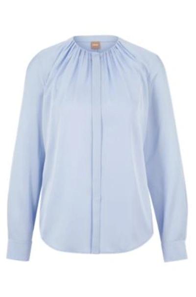 Shop Hugo Boss Ruched-neck Blouse In Stretch-silk Crepe De Chine In Light Blue