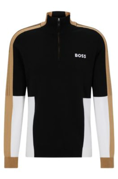 Shop Hugo Boss Zip-neck Sweater With Color-blocking In Black