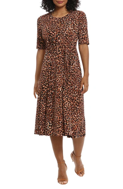 Shop London Times Leopard Print Elbow Sleeve Fit & Flare Dress In Tan Multi