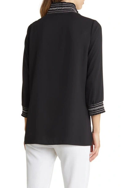 Shop Ming Wang Embroidered Detail Crepe Tunic Blouse In Black/ White