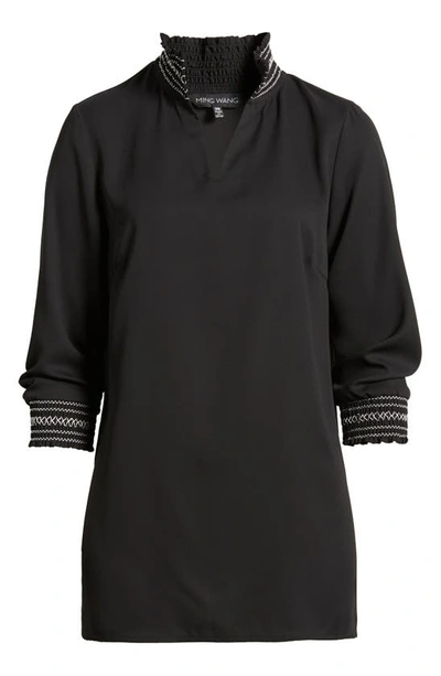 Shop Ming Wang Embroidered Detail Crepe Tunic Blouse In Black/ White