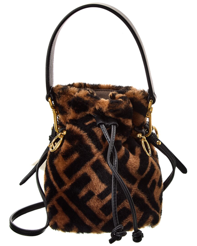 Shop Fendi Mon Tresor Mini Shearling & Leather Bucket Bag In Brown