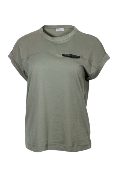 Shop Brunello Cucinelli Short-sleeved Crew-neck Cotton T-shirt Embellished With Jevel On The Chest In Green