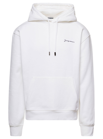 Shop Jacquemus White Hoodie With Contrasting Logo Embroidery In Cotton Man