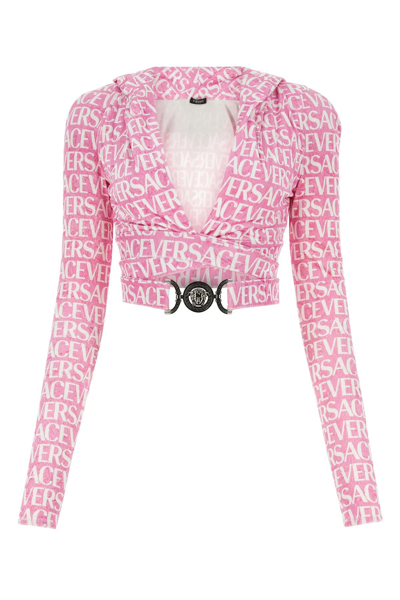 Shop Versace Printed Chenille Top In Pink/white