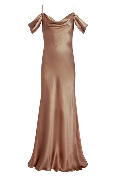 Shop L Agence Kenna Cowl Neck Cold Shoulder Silk Gown In Soft Tan