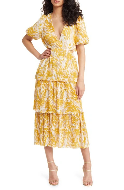 Shop Charles Henry Abstract Print Cutout Waist Tiered Clip Dot Dress In Yellow Paint Strokes
