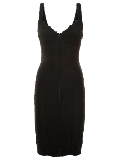 Shop Balenciaga Mini Black Lingerie Dress With Logo Print In Stretch Lace Woman