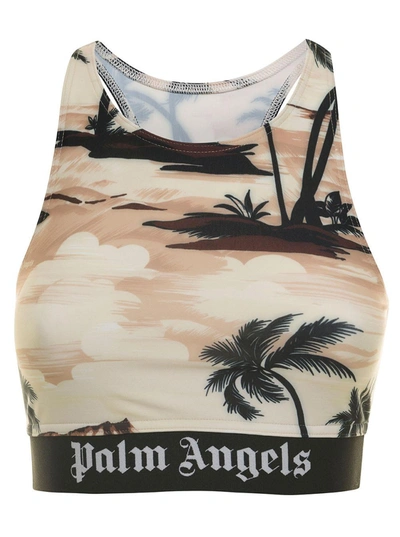 Shop Palm Angels Beige Sports Bra With Miami Print And Elastic Band In Stretch Fabric Woman In Multicolor