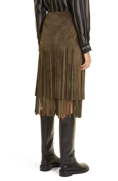 Shop Max Mara Battage Fringe Suede Midi Skirt In Olive Green