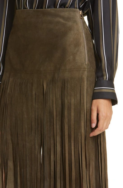 Shop Max Mara Battage Fringe Suede Midi Skirt In Olive Green
