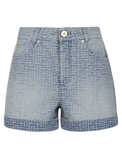 Shop Balmain Hw Allover Monogram Denim Shorts In Ff Bleu Jean