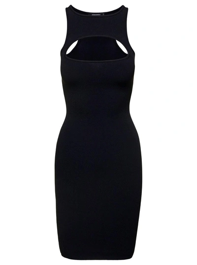 Shop Dsquared2 Mini Black Sleeveless Ribbed Dress With Cut-out Detail In Viscose Blend Woman