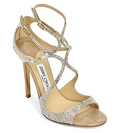 Shop Jimmy Choo Lance 115 Suede Embellished Sandals In Nude/crystal