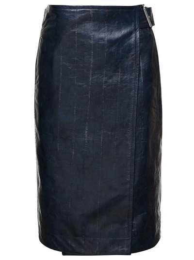 Shop Bottega Veneta Midi Blue Belted Wrap Skirt In Leather Woman