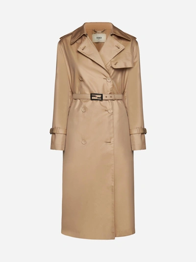 Shop Fendi Cotton-blend Double-breasted Trench Coat In Beige