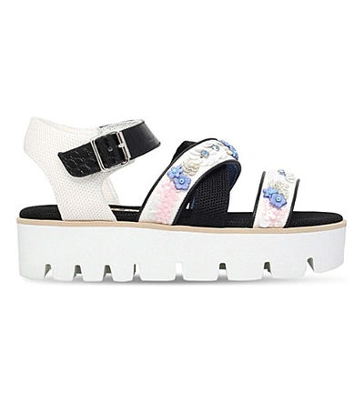 Msgm Floral-embellished Leather And Mesh Sandals In White/oth