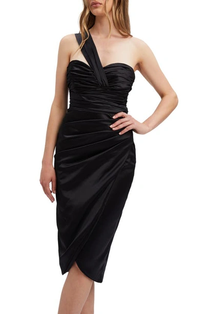 Shop Bardot Veda Ruched One-shoulder Satin Dress In Black