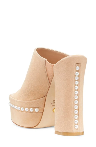 Stuart Weitzman Skyhigh Suede Pearly Platform Sandals In Adobe