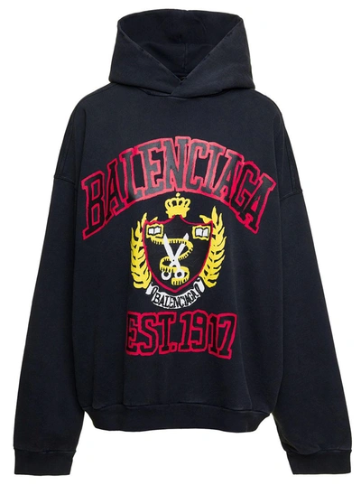 Shop Balenciaga Black Oversized Hoodie With College Logo Print In Cotton Woman