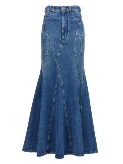 Shop Burberry Denim Long Skirt In Blue