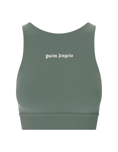 Shop Palm Angels Sage Green Sports Top With Logo And Side Bands In Contrast In Verde