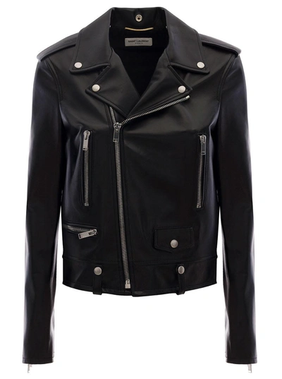 Shop Saint Laurent Black Classic Motorcycle Jacket With Epaulets In Leather Woman In Nero