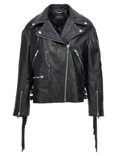 Shop Versace Fringed Leather Jacket In Black