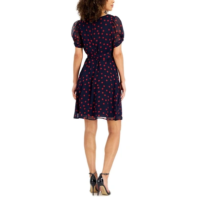 Shop Connected Apparel Petites Womens Chiffon Polka Dot Fit & Flare Dress In Blue