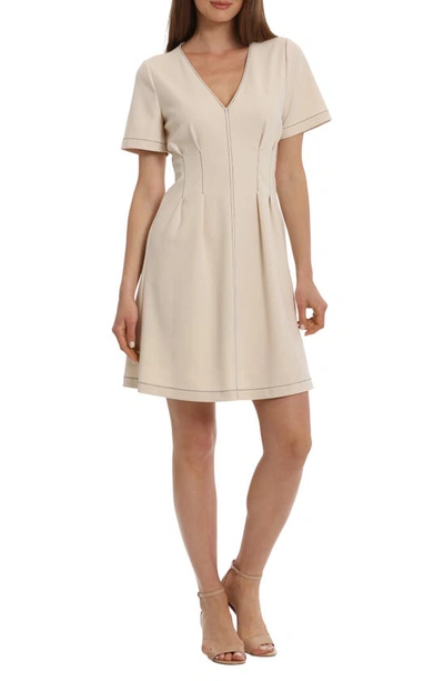 Shop Maggy London Contrast Topstitch Fit & Flare Dress In Horn