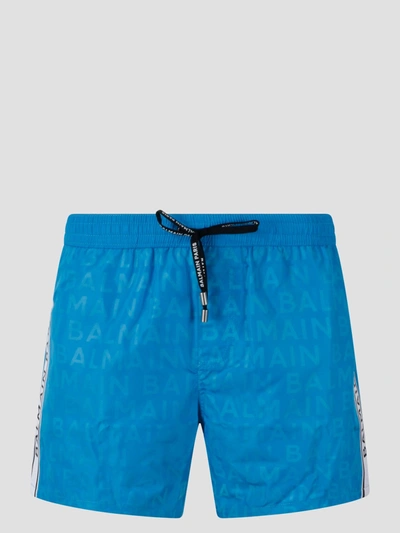 Shop Balmain Logo Swim Shorts In Blue