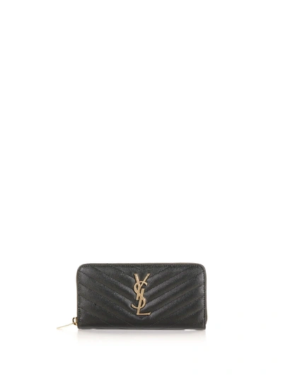 Shop Saint Laurent Embossed Leather Zip Wallet In Nero