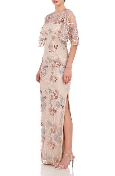 Shop Js Collections Daphne Embroidered Sequin Column Gown In Mauve/ Silver