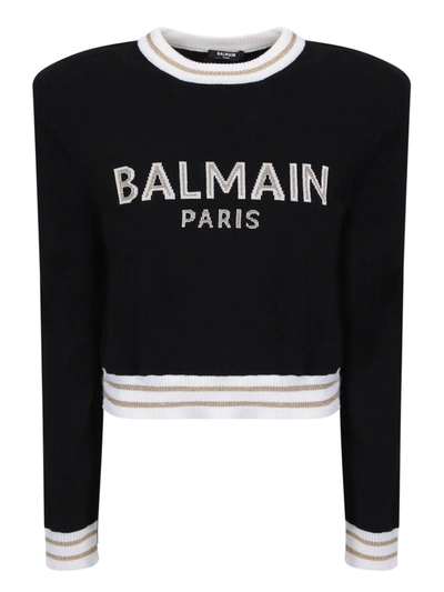 Shop Balmain Intrarsia Knit Logo Jumper In Black