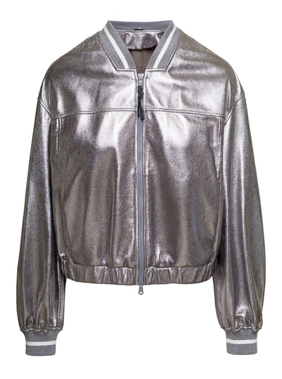 Brunello Cucinelli Laminated Leather Bomber Jacket Puffer Jackets Silver In Grey