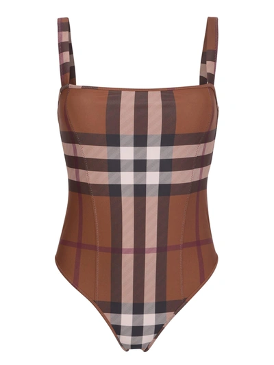 Shop Burberry Brown Tartan Pattern One-piece Swimsuit