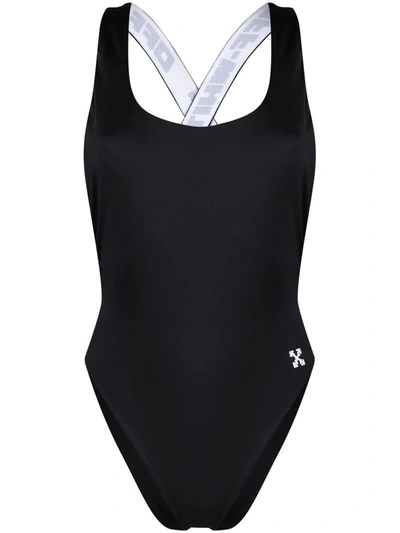 Shop Off-white Black One-piece Swimsuit With Logoed Straps In Nero