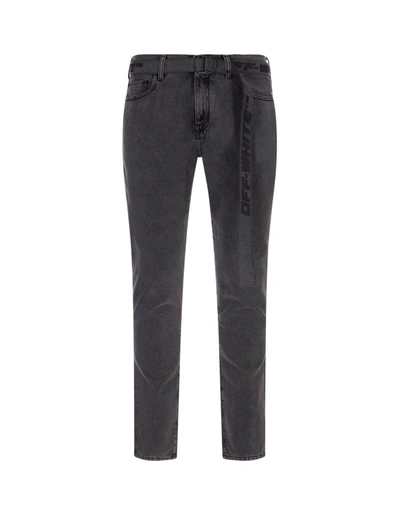 Shop Off-white Straight Jeans In Grey Denim With Belt In Nero