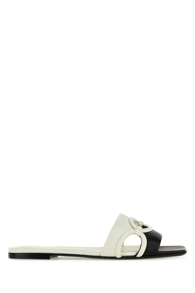 Shop Valentino Two-tone Leather Chain Slippers In Nero/ivory
