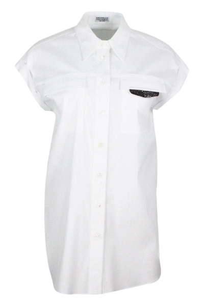 Shop Brunello Cucinelli Sleeveless Shirt In Stretch Cotton With Front Pockets Embellished With Shiny Jewe In Bianco