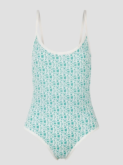 Shop Moncler Logo Print Swimsuit In Green
