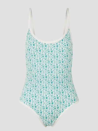 Moncler Stretch Nylon One-piece Swimsuit With All-over Logo In Green