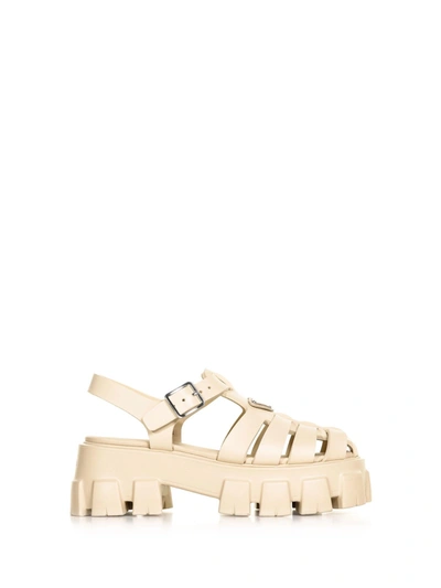 Shop Prada Rubber Sandals With Buckle And Logo In Quarzo