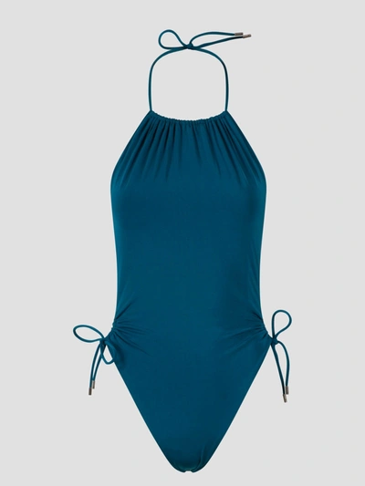 Shop Saint Laurent Halterneck Swimsuit In Blue