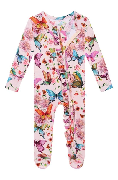 Shop Posh Peanut Watercolor Butterfly Ruffle Fitted Footie Pajamas In Open Pink