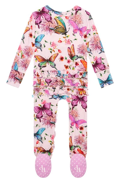 Shop Posh Peanut Watercolor Butterfly Ruffle Fitted Footie Pajamas In Open Pink