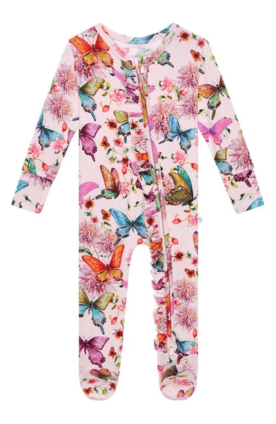 Shop Posh Peanut Watercolor Butterfly Ruffle Fitted Footie Pajamas In Open Pink
