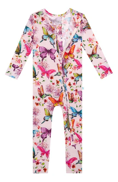 Shop Posh Peanut Watercolor Butterfly Fitted Convertible Footie Pajamas In Open Pink