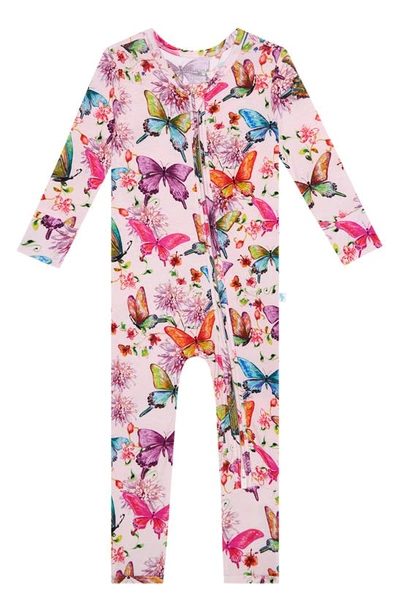 Posh Peanut Watercolor Butterfly Fitted Convertible Footie Pajamas In Open Pink