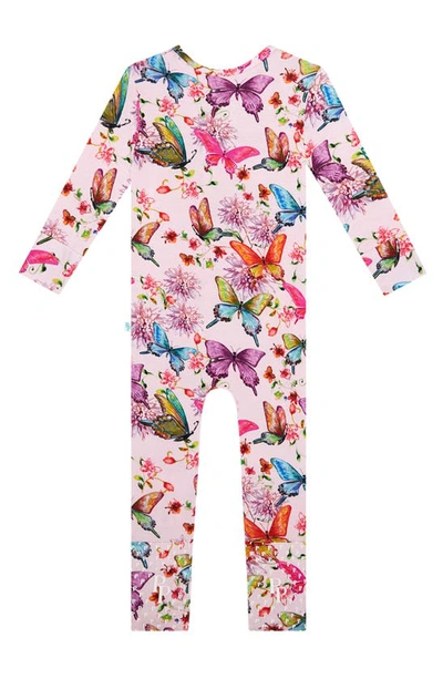 Shop Posh Peanut Watercolor Butterfly Fitted Convertible Footie Pajamas In Open Pink